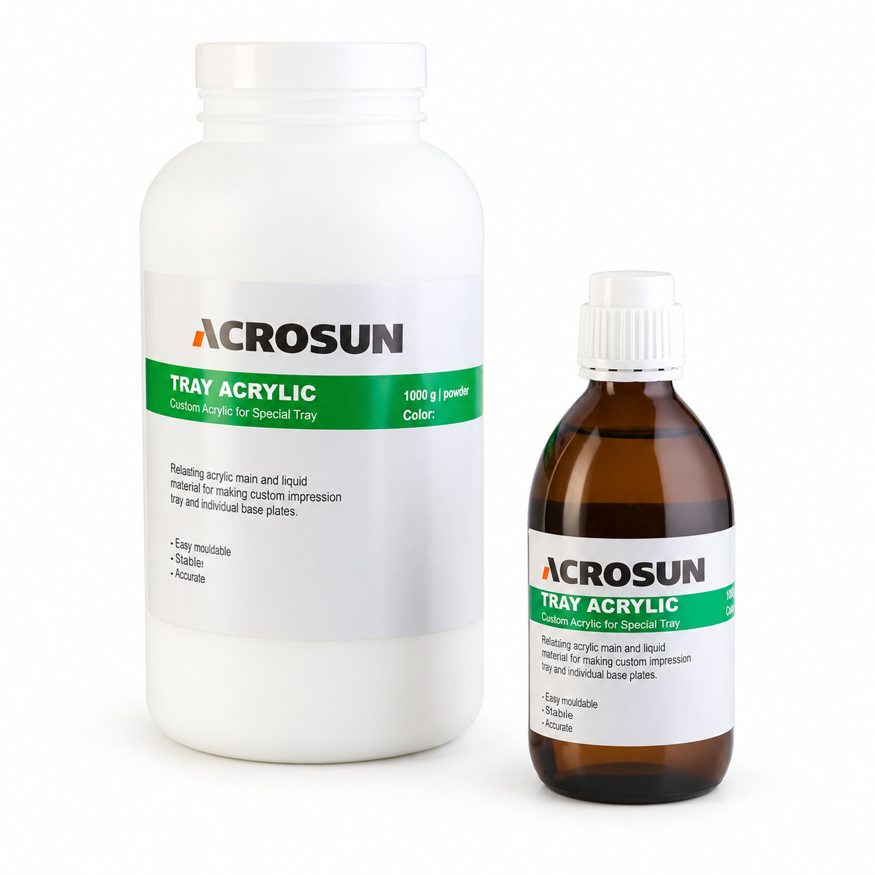 پودر و مایع آکریل تری آکروسان ACROSUN با برچسب سبز روی زمینه سفید
